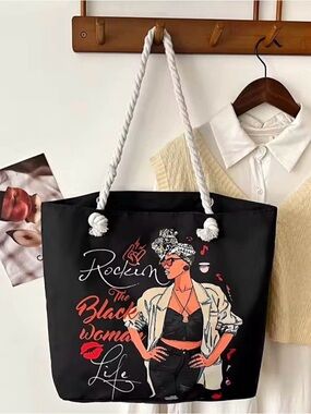 Women’s Tote Zip Black Printed Beach Bag NWT